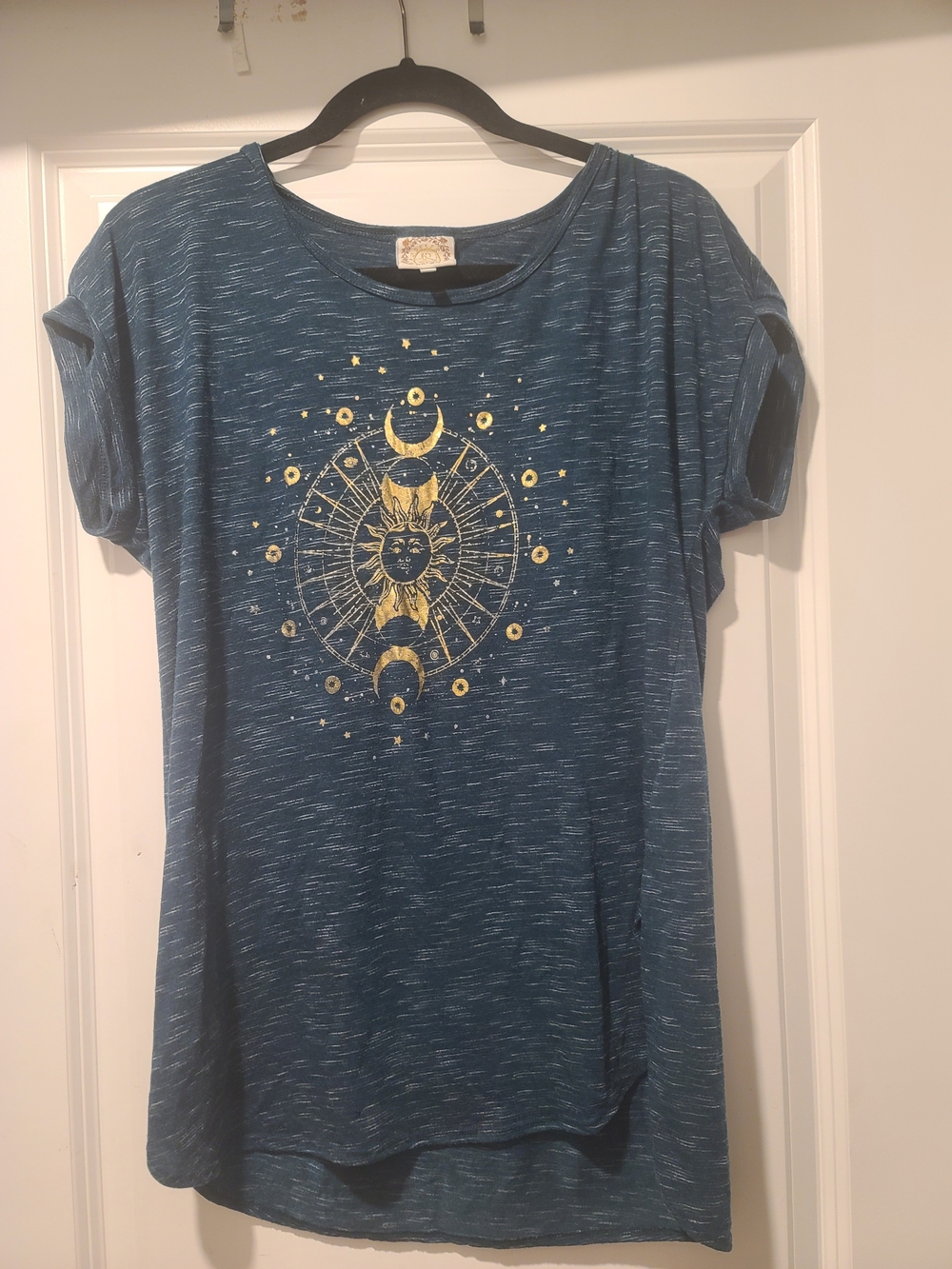 Teal Short Sleeve Women's Top with Gold Celestial Graphic